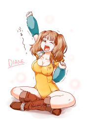 Rule 34 | 10s, 1girl, ;o, arm up, blush, bodysuit, boots, breasts, brown eyes, brown footwear, brown hair, buckle, character name, cleavage, clenched hands, collarbone, cross-laced footwear, crossed legs, diane (nanatsu no taizai), elbow gloves, emblem, english text, eyelashes, fingerless gloves, full body, giant, giantess, gloves, grey hair, half-closed eyes, hand up, harness, high collar, hip focus, indian style, knee boots, kobii, large breasts, leotard, long hair, looking at viewer, motion lines, nanatsu no taizai, one eye closed, open mouth, red eyes, short sleeves, simple background, sitting, solo, spread legs, stretching, tears, trembling, twintails, white background, yawning