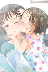 Rule 34 | 2girls, ;), black hair, blue shirt, blush, closed mouth, commentary request, dress, food print, forehead, gomennasai, highres, indoors, kiss, kissing cheek, mother and daughter, multiple girls, one eye closed, original, print dress, shirt, sleeveless, sleeveless dress, smile, strawberry print, sweat, twintails, white dress