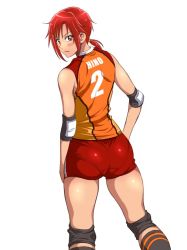 Rule 34 | &gt;:(, 1girl, bare shoulders, basketball uniform, blush, closed mouth, cowboy shot, elbow pads, from behind, frown, hino akane (smile precure!), itachou, knee pads, looking at viewer, looking back, low ponytail, aged up, pantylines, precure, red eyes, red hair, short shorts, shorts, simple background, smile precure!, solo, sportswear, v-shaped eyebrows, white background