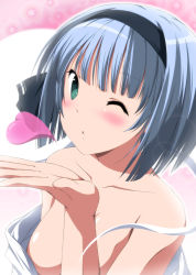 Rule 34 | 1girl, bare shoulders, blowing kiss, blush, breasts, censored, censored nipples, collarbone, convenient censoring, green eyes, hair ribbon, heart, konpaku youmu, konpaku youmu (ghost), medium breasts, naked towel, nori tamago, off shoulder, one eye closed, ribbon, short hair, silver hair, solo, touhou, towel, towel slip, upper body, white towel, wink