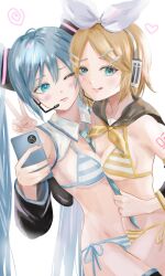 Rule 34 | 2girls, :p, aqua eyes, aqua hair, asymmetrical docking, between breasts, bikini, black thighhighs, blonde hair, blue eyes, blush, bow, breast press, breasts, cellphone, clothes grab, detached sleeves, dhbwinner, dutch angle, hair ornament, hair ribbon, hairclip, hatsune miku, headphones, headset, heart, highres, holding, holding phone, kagamine rin, long hair, looking at viewer, meme attire, miku collar bikini, multiple girls, nail polish, navel, neckerchief, necktie, necktie between breasts, necktie grab, neckwear grab, phone, ribbon, sailor collar, selfie, short hair, short twintails, side-tie bikini bottom, small breasts, smartphone, smile, striped bikini, striped clothes, swimsuit, thighhighs, tongue, tongue out, twintails, v, very long hair, vocaloid, white background, wide sleeves, yellow neckerchief