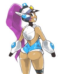 Rule 34 | 1girl, ass, black gloves, company connection, cosplay, dark skin, dark-skinned female, from behind, gloves, helmet, inkerton-kun, leotard, long hair, mighty (series), mighty switch force!, patricia wagon, patricia wagon (cosplay), police, ponytail, purple hair, shantae, shantae (series), solo