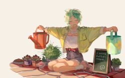 Rule 34 | 1other, alternate costume, androgynous, belt, board, colored eyelashes, contemporary, closed eyes, green hair, houseki no kuni, jacket, phosphophyllite, plant, potted plant, short hair, shorts, sitting, solo, taro-k, wariza, watering can