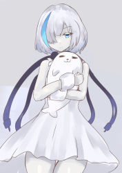 Rule 34 | azur lane, bare shoulders, blue eyes, blue hair, colored eyelashes, colored skin, dress, highres, looking at viewer, multicolored hair, hugging object, river city, seal (animal), simple background, smile, solo, streaked hair, tb (azur lane), thigh gap, white dress, white hair, white skin, wrist cuffs
