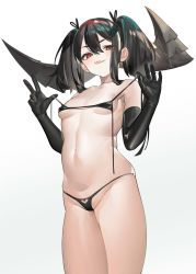 Rule 34 | 1girl, :p, absurdres, bikini, black bikini, black gloves, black hair, black horns, breasts, collarbone, commentary request, elbow gloves, fang, gloves, gradient background, grey background, hair between eyes, hairband, hands up, highres, horns, izuru (timbermetal), looking at viewer, navel, original, red eyes, red hairband, short hair, simple background, small breasts, solo, standing, swimsuit, teeth, thighs, tongue, tongue out, twintails, upper teeth only, white background