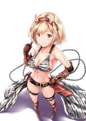 Rule 34 | 10s, 1girl, alternate costume, animal print, bare shoulders, bikini, blonde hair, blush, breasts, brown eyes, cleavage, collarbone, commentary request, djeeta (granblue fantasy), fake horns, from above, full body, ganari ryuu, gauntlets, granblue fantasy, hairband, hand on own hip, highres, horns, large breasts, looking at viewer, midriff, navel, ogre (granblue fantasy), short hair, smile, solo, swimsuit, thighs, underboob, zebra print
