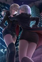 Rule 34 | 2girls, ahoge, artoria pendragon (all), artoria pendragon (fate), ass, blonde hair, fate/grand order, fate/stay night, fate (series), jacket, jeanne d&#039;arc (fate), jeanne d&#039;arc (ruler) (fate), jeanne d&#039;arc alter (fate), jeanne d&#039;arc alter (ver. shinjuku 1999) (fate), long hair, looking at viewer, multiple girls, official alternate costume, omizu (omz), ponytail, saber (fate), saber alter, saber alter (ver. shinjuku 1999) (fate), short hair, shorts, smile, yellow eyes