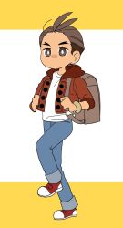 Rule 34 | 1boy, ace attorney, antenna hair, apollo justice, bad hands, blue pants, bracelet, brown eyes, brown hair, buttons, denim, full body, highres, holding strap, hood, hood down, hooded jacket, jacket, jeans, jewelry, kyoufuu all back (vocaloid), leg up, male focus, nam eh co, no mouth, pants, red footwear, red jacket, shirt, shoes, short hair, sleeves past elbows, solo, standing, standing on one leg, thick eyebrows, white shirt
