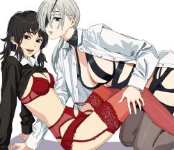 2girls arm_support black_eyes black_hair black_shirt black_thighhighs bra breasts chainsaw_man clothes_lift clothing_request collared_shirt eyepatch garter_belt garter_straps hair_over_one_eye hand_on_another&#039;s_leg highres lace lace-trimmed_panties lace-trimmed_thighhighs lace_trim large_breasts long_hair looking_at_viewer mifune_fumiko multiple_girls navel open_clothes open_mouth open_shirt panties parted_lips quanxi_(chainsaw_man) reclining red_bra red_garter_belt red_panties red_thighhighs shiren_(ourboy83) shirt shirt_lift simple_background small_breasts teeth thighhighs turning_head underwear upper_teeth_only white_background white_hair white_shirt yuri