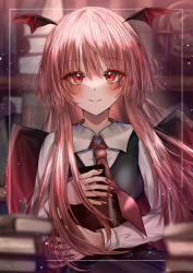 Rule 34 | 1girl, amamugi 4, bat wings, black vest, blurry, blush, book, book stack, depth of field, hair between eyes, head wings, highres, holding, holding book, indoors, koakuma, light particles, long hair, looking at viewer, nail polish, necktie, red nails, red necktie, shelf, shirt, smile, solo, touhou, upper body, vest, white shirt, wing collar, wings