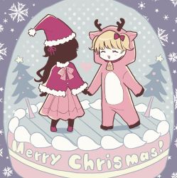 Rule 34 | 2girls, animal costume, antlers, bell, black hair, black skin, blonde hair, blunt bangs, chibi, christmas, closed eyes, colored skin, dress, emilico (shadows house), full body, hair ornament, hat, highres, holding hands, horns, kate (shadows house), long hair, long sleeves, mametarou (mameji), multiple girls, neck bell, open mouth, pink dress, red ribbon, reindeer antlers, reindeer costume, ribbon, santa costume, santa hat, shadow (shadows house), shadows house, smile, snow globe, standing, two side up