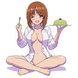 Rule 34 | 1girl, blush, bottomless, breasts, brown eyes, brown hair, cleavage, food, fork, full body, girls und panzer, holding, holding fork, kotorigaka, large breasts, looking at viewer, navel, nishizumi miho, no bra, no panties, one eye closed, open mouth, pudding, shirt, short hair, sitting, smile, solo, white shirt, wink