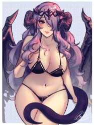 Rule 34 | 1girl, bare shoulders, black panties, blush, bra, breasts, camilla (fire emblem), cleavage, dragon girl, dragon horns, dragon tail, fake horns, fire emblem, fire emblem fates, hair over one eye, hand on own chest, highres, hinahaii, horns, large breasts, long hair, looking at viewer, nintendo, panties, purple eyes, purple hair, smile, solo, tail, tiara, underwear, very long hair, wavy hair, wide hips
