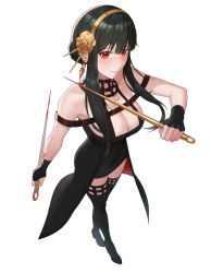 Rule 34 | 1girl, absurdres, bare shoulders, black dress, black gloves, black thighhighs, blood, blood on hands, bloody weapon, blush, boots, breasts, closed mouth, dagger, dress, dual wielding, earrings, fingerless gloves, floral print, flower, from above, full body, gloves, gold earrings, gold hairband, hair flower, hair ornament, hairband, high heel boots, high heels, highres, holding, holding dagger, holding knife, holding weapon, jewelry, knife, large breasts, long hair, looking at viewer, mole, mole on breast, off-shoulder dress, off shoulder, rose, rose print, short hair with long locks, sidelocks, simple background, solo, spy x family, taejoo lee, thigh boots, thighhighs, two-sided dress, two-sided fabric, weapon, white background, yor briar, zettai ryouiki