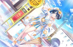 Rule 34 | 1girl, :o, adjusting eyewear, ameagari street (love live!), blue dress, blue eyes, blue hair, blue sky, boots, bus stop, closed umbrella, collarbone, dark blue hair, dress, earrings, eyewear on head, game cg, gloves, highres, holding, holding umbrella, jewelry, link! like! love live!, long hair, long sleeves, looking to the side, love live!, mole, mole on neck, multicolored clothes, multicolored dress, murano sayaka, official art, orange-tinted eyewear, orange dress, orange footwear, orange print, orange umbrella, parted lips, ponytail, puddle, see-through, see-through footwear, short dress, sky, sleeveless, sleeveless dress, socks, solo, striped clothes, striped dress, sunglasses, third-party source, tinted eyewear, transparent raincoat, two-tone umbrella, umbrella, vertical-striped clothes, vertical-striped dress, virtual youtuber, white footwear, white gloves, white socks, white umbrella, wide sleeves, yellow dress