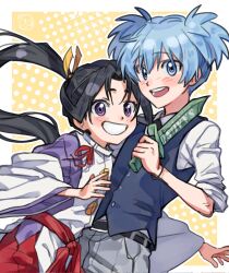 Rule 34 | 2boys, :d, ansatsu kyoushitsu, belt, ben-day dots, black belt, black hair, blue eyes, blue hair, blush, bow, buttons, collared shirt, combat knife, creator connection, dlsrkstkfka2, floating hair, grin, hair tie, hakama, heads together, highres, holding, holding knife, houjou tokiyuki (nige jouzu no wakagimi), japanese clothes, kariginu, knife, kunugigaoka middle school uniform, long hair, long sleeves, looking at viewer, male focus, multiple boys, necktie, nige jouzu no wakagimi, open mouth, outstretched arm, pants, polka dot, polka dot background, ponytail, purple eyes, red hakama, red sash, sash, school uniform, screentones, shiota nagisa, shirt, short hair, sidelocks tied back, sleeves rolled up, smile, teeth, twintails, upper teeth only, very long hair, vest, weapon, white shirt, wide sleeves, yellow background