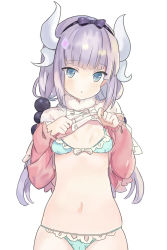 Rule 34 | 10s, 1girl, artist request, bad id, bad pixiv id, bad source, beads, blue eyes, blunt bangs, bow, bow bra, bra, breasts, capelet, clothes lift, cowboy shot, dragon horns, dress, dress lift, female focus, hair beads, hair ornament, highres, horns, kanna kamui, kobayashi-san chi no maidragon, lifted by self, long sleeves, looking at viewer, low twintails, midriff, navel, panties, simple background, small breasts, solo, standing, stomach, twintails, underwear, white background