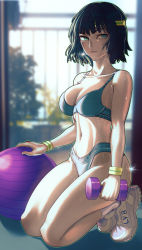 Rule 34 | alternate costume, artist request, ball, breasts, dark green hair, dumbbell, exercise ball, fubuki (one-punch man), highres, large breasts, one-punch man, short hair
