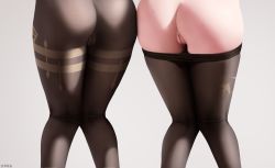 Rule 34 | 2girls, artist name, ass, black pantyhose, cameltoe, censored, cleft of venus, clothes pull, female focus, from behind, ganyu (genshin impact), genshin impact, grey background, highres, keqing (genshin impact), knees together feet apart, lower body, mosaic censoring, multiple girls, no panties, pantyhose, pantyhose pull, pussy, sweat, z282g