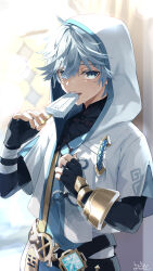 Rule 34 | 1boy, ahoge, artist name, blue eyes, blue hair, chinese clothes, chongyun (genshin impact), commentary request, fingerless gloves, food, genshin impact, gloves, hair between eyes, highres, holding, holding food, hood, hoodie, itsumono katze, long sleeves, male focus, open mouth, popsicle, short hair, simple background, solo, sweat