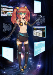 Rule 34 | 1girl, bikini, bikini top only, blue eyes, brown hair, elbow gloves, floating screen, gloves, haoyuan, holographic monitor, midriff, original, science fiction, skirt, solo, star (symbol), swimsuit, thighhighs, twintails, visor