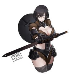 Rule 34 | 1girl, armor, black hair, breasts, cleavage, closed mouth, commentary, cowboy shot, english commentary, closed eyes, gauntlets, highres, holding, holding sword, holding weapon, large breasts, neisa (pandea work), original, pandea work, shield, short hair, simple background, solo, sword, the elder scrolls, the elder scrolls v: skyrim, weapon, white background