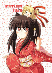 Rule 34 | 2girls, blonde hair, blush, brown hair, fuyu matsuri, japanese clothes, kamikita komari, kimono, leaf print, little busters!, long sleeves, looking at viewer, mini person, minigirl, multiple girls, natsume rin, red eyes, simple background, size difference, white background, wide sleeves
