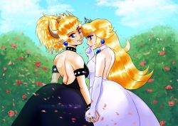 Rule 34 | 2girls, armlet, back, backless outfit, bare back, bare shoulders, black dress, black nails, blonde hair, blue eyes, blue gemstone, bowsette, bracelet, breasts, brown horns, choker, claws, clenched teeth, closed mouth, collar, couple, crown, day, dress, earrings, elbow gloves, fangs, female focus, flower, from behind, from side, gem, gloves, grin, hair flaps, hand up, head tilt, holding hands, horns, interlocked fingers, interspecies, jewelry, large breasts, lips, lipstick, long dress, long hair, looking at another, looking at viewer, looking back, louverusee, makeup, mario (series), medium breasts, monster girl, multiple girls, nail polish, neck, necklace, new super mario bros. u deluxe, nintendo, outdoors, petals, pink flower, plant, pointy ears, ponytail, princess peach, red lips, short hair, smile, spiked armlet, spiked bracelet, spiked collar, spikes, standing, strapless, strapless dress, super crown, super mario odyssey, teeth, wedding, wedding dress, white choker, white dress, white gloves, yuri