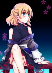 Rule 34 | 1girl, amagumo, arm warmers, black background, black shirt, blonde hair, blue background, blush, breasts, brown shirt, closed mouth, commentary request, feet out of frame, gradient background, green eyes, highres, looking afar, medium breasts, mizuhashi parsee, on railing, pointy ears, railing, shirt, short hair, sitting, sleeveless, sleeveless shirt, smile, solo, touhou