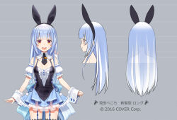 Rule 34 | 1girl, :d, animal, animal ears, animal on shoulder, blue hair, breasts, detached sleeves, don-chan (usada pekora), fake animal ears, garter straps, hikosan, hololive, long hair, looking at viewer, multicolored hair, multiple views, necktie, open mouth, puffy short sleeves, puffy sleeves, rabbit ears, red eyes, short necktie, short sleeves, sleeves past wrists, small breasts, smile, standing, thick eyebrows, two-tone hair, usada pekora, usada pekora (furi furi bunny dress), virtual youtuber, white hair