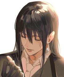 Rule 34 | 1girl, absurdres, black gloves, black hair, closed eyes, closed mouth, earrings, gloves, hair between eyes, highres, jewelry, light particles, long hair, necktie, path to nowhere, portrait, rahu (path to nowhere), scar, scar on face, sidelocks, simple background, solo, toho10min, white background, white necktie