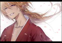 Rule 34 | 1boy, cherry blossoms, himura kenshin, kazari tayu, letterboxed, long hair, looking at viewer, male focus, ponytail, purple eyes, red hair, rurouni kenshin, scar, smile, solo, wind