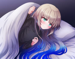 Rule 34 | 1boy, aqua eyes, bed, bed invitation, bed sheet, blue eyes, blush, captain nemo (fate), commentary, eyebrows hidden by hair, fate/grand order, fate (series), gradient hair, hair down, hair spread out, highres, long hair, long sleeves, looking at viewer, lying, multicolored hair, nemo (fate), no headwear, on side, pillow, shell ocean, smile, solo, two-tone hair