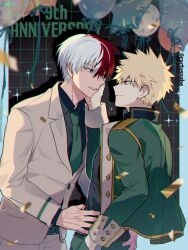 Rule 34 | bakugou katsuki, balloon, belt, black shirt, blonde hair, boku no hero academia, brown coat, brown pants, buttons, cactusnabe, coat, collared shirt, confetti, eye contact, green jacket, green necktie, grid background, hair between eyes, hand on another&#039;s ass, hand on another&#039;s face, hands in pockets, happy anniversary, highres, jacket, light smile, looking at another, multicolored hair, necktie, one eye closed, open clothes, open jacket, pants, parted lips, red eyes, red hair, shirt, short hair, sparkle background, spiked hair, star balloon, teeth, todoroki shouto, two-tone hair, upper body, white hair, yaoi
