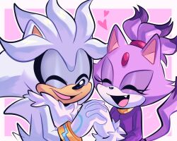 Rule 34 | 1boy, 1girl, animal ears, blaze the cat, cat ears, cat tail, closed eyes, fang, forehead jewel, furry, furry female, furry male, gloves, heart, highres, holding hands, jacket, lou lubally, open mouth, pink background, purple jacket, silver the hedgehog, simple background, sonic (series), tail, upper body, white gloves