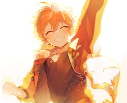 Rule 34 | 1boy, 4 (nakajima4423), absurdres, akehoshi subaru, backlighting, black shirt, blush, clenched hand, commentary request, constellation print, ensemble stars!, closed eyes, grin, highres, jacket, jewelry, charm (object), long sleeves, male focus, necklace, orange hair, orange jacket, orange theme, shirt, short hair, simple background, smile, solo, star (symbol), star necklace, sweat, teeth, upper body, white background, zipper