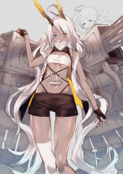 Rule 34 | 2girls, absurdres, ahoge, asymmetrical legwear, azur lane, bandeau, black gloves, black shorts, blue eyes, breasts, closed eyes, commentary request, covered mouth, dark-skinned female, dark skin, eyes visible through hair, facepaint, feet out of frame, fingerless gloves, gloves, hair between eyes, heart, heart ahoge, heterochromia, highres, hinako (anzu15), horns, indianapolis (azur lane), long hair, looking at viewer, mechanical arms, mechanical horns, multiple girls, navel, open mouth, pink hair, portland (azur lane), shorts, siblings, sisters, solo focus, thighhighs, turtleneck, twintails, underboob, uneven legwear, very long hair, white bandeau, white thighhighs, yellow eyes