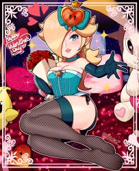 Rule 34 | 1girl, absurdres, ass, black panties, blonde hair, bouquet, breasts, character doll, cleavage, corset, elbow gloves, fishnet thighhighs, fishnets, flower, gloves, hair ornament, highres, life-up heart (mario), looking at viewer, luma (mario), lying, mario (series), nintendo, on side, panties, parted lips, rosalina, sarukaiwolf, side-tie panties, smile, solo, stuffed animal, stuffed rabbit, stuffed toy, super mario galaxy, thighhighs, underwear, valentine