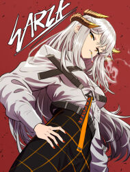 Rule 34 | 1girl, arknights, black skirt, breasts, character name, cigarette, commentary, cowboy shot, dragon horns, english commentary, expressionless, grey hair, hand on own hip, highres, horns, long hair, long sleeves, looking at viewer, medium breasts, mouth hold, nail polish, parted lips, red background, red nails, samacho, saria (arknights), shirt, shirt tucked in, simple background, skirt, smoke, smoking, solo, turtleneck, white shirt, yellow eyes