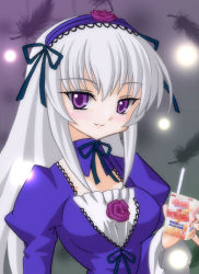 Rule 34 | 00s, 1girl, censored, detached collar, feathers, flower, gradient background, green background, hairband, holding, juliet sleeves, light particles, long hair, long sleeves, looking at viewer, mosaic censoring, puffy sleeves, purple background, purple eyes, purple flower, purple rose, rose, rozen maiden, smile, solo, suigintou, upper body, white hair