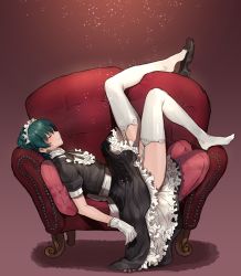 Rule 34 | 1boy, absurdres, alternate costume, alternate hairstyle, apron, blue hair, blush, byleth (fire emblem), byleth (male) (fire emblem), chair, closed eyes, crossdressing, dress, enmaided, fire emblem, fire emblem: three houses, from side, gloves, hair between eyes, highres, legs up, lying, maid, maid day, maid headdress, male focus, nintendo, none (kameko227), ponytail, puffy short sleeves, puffy sleeves, ribbon, shoe dangle, short hair, short sleeves, sleeping, solo, thighhighs, thighs, trap, white gloves, white thighhighs, wrist cuffs