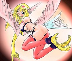 Rule 34 | ass, blonde hair, blue eyes, blush, duel monster, hairband, harpie girl (yu-gi-oh!), harpy, monster girl, one eye closed, tail, talons, thighhighs, wings, wink, yu-gi-oh!