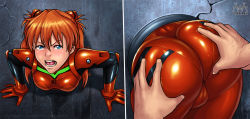 Rule 34 | 1boy, 1girl, aaaninja, angry, ass, ass focus, ass grab, blue eyes, blush, bodysuit, cameltoe, deep skin, from behind, gloves, hair ornament, hetero, highres, huge ass, humiliation, long hair, looking at viewer, neon genesis evangelion, open mouth, orange hair, plugsuit, shiny clothes, skin tight, souryuu asuka langley, stuck, through wall, wall