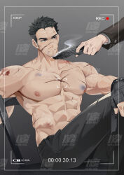 Rule 34 | 2boys, abs, absurdres, aiming, bara, blood, bruise, facial hair, feet out of frame, goatee stubble, gun, highres, holding, holding gun, holding weapon, injury, large pectorals, male focus, mature male, medium sideburns, multiple boys, muscular, muscular male, mustache stubble, navel, nipples, original, pants, pectorals, sample watermark, scar, shao gou gou, short hair, sideburns stubble, sitting, solo focus, stubble, thick eyebrows, topless male, viewfinder, watermark, weapon