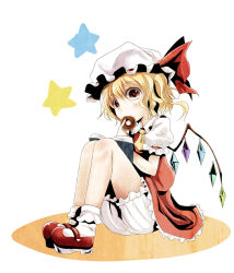 Rule 34 | 1girl, ascot, blonde hair, bloomers, book, brown eyes, doughnut, dress, eating, flandre scarlet, food, hat, hat ribbon, kurona, mary janes, mob cap, open book, puffy sleeves, reading, red dress, ribbon, shoes, short sleeves, sitting, solo, star (symbol), touhou, underwear, wings