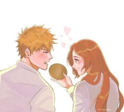 Rule 34 | 1boy, 1girl, absurdres, bleach, blush, bread, collared shirt, food, from behind, heart, highres, holding, holding food, inoue orihime, kurosaki ichigo, long hair, long sleeves, looking at another, lower teeth only, luvlyroseve, open mouth, orange eyes, orange hair, parted bangs, parted lips, profile, shirt, short hair, smile, spiked hair, teeth, twitter username, upper body, upper teeth only, white background, white shirt