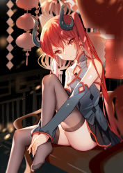 Rule 34 | 1girl, ass, bare shoulders, bison cangshu, black thighhighs, detached sleeves, horns, idollers, long hair, looking at viewer, red eyes, red hair, sitting, solo, thighhighs, twintails