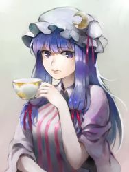 Rule 34 | 1girl, crescent, crescent hair ornament, cup, dress, expressionless, hair ornament, hair ribbon, hat, highres, holding, holding cup, kukkuru, lips, long hair, looking at viewer, mob cap, patchouli knowledge, purple eyes, purple hair, red ribbon, ribbon, sidelocks, solo, striped clothes, striped dress, teacup, touhou, tress ribbon, upper body, vertical stripes