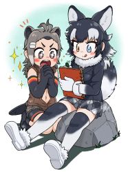 Rule 34 | + +, 2girls, :q, absurdres, american beaver (kemono friends), animal ears, antenna hair, appleq, awestruck, bare back, beaver ears, beaver tail, bike shorts, black hair, blue eyes, blush, bra, closed mouth, commentary request, cutoffs, drawing, elbow gloves, extra ears, full body, fur-trimmed footwear, fur collar, fur trim, gloves, grey hair, grey wolf (kemono friends), hair ornament, hairclip, hands up, heterochromia, highres, holding, holding pencil, jacket, kemono friends, kneeling, licking lips, long hair, long sleeves, looking down, miniskirt, multicolored hair, multiple girls, navel, necktie, open mouth, orange eyes, outstretched legs, own hands together, pencil, shoe soles, shoes, shorts under shorts, sidelocks, sitting, sketchbook, skirt, sleeveless, sleeveless jacket, smile, sparkle, stomach, stone, tail, teeth, thighhighs, tongue, tongue out, two-tone hair, underwear, upper teeth only, v-shaped eyebrows, wolf ears, wolf girl, wolf tail, zettai ryouiki
