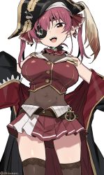 Rule 34 | 1girl, ascot, belt, bow, breasts, cleavage, eyepatch, gold trim, hair bow, hair ribbon, highres, hololive, houshou marine, jacket, large breasts, leotard, leotard under clothes, miniskirt, off shoulder, pirate, pleated skirt, red ascot, red eyes, red hair, red jacket, red ribbon, ribbon, see-through, see-through cleavage, see-through leotard, shisoneri, skirt, solo, twintails, virtual youtuber